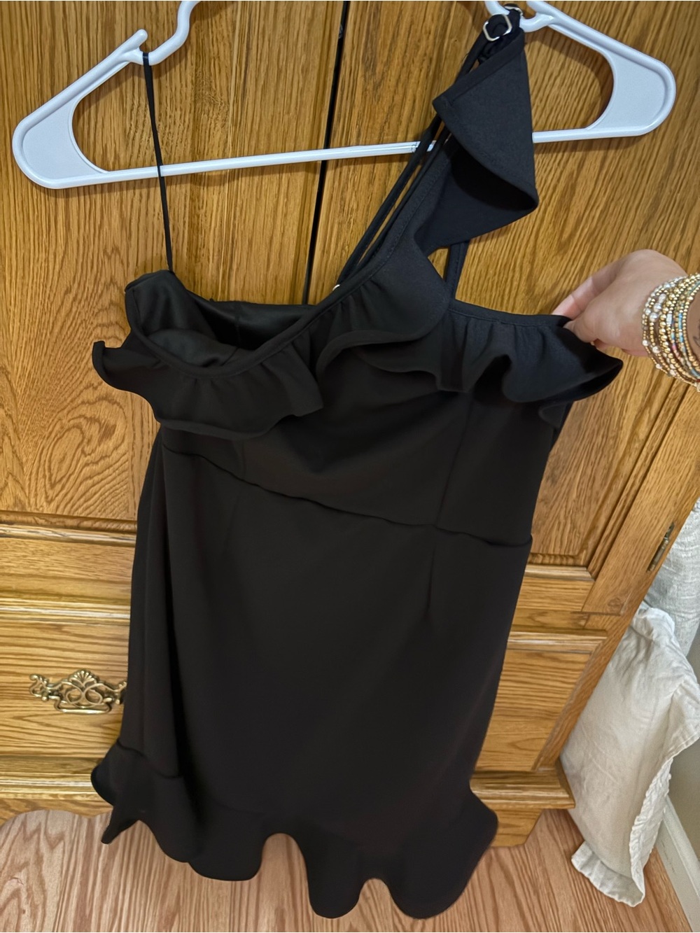 One-Shoulder Black Ruffle Mini Dress